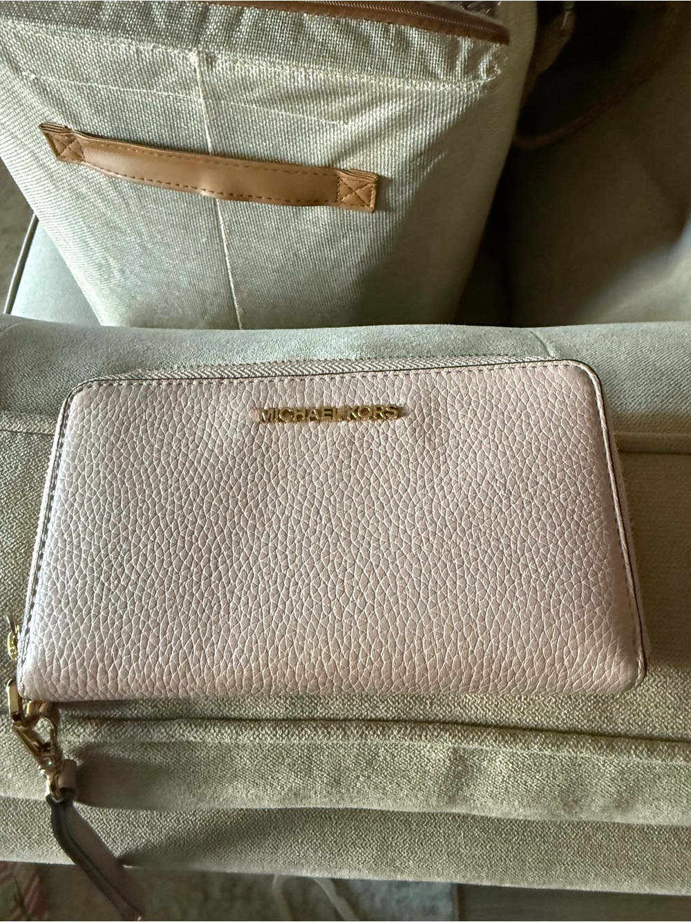 Michael Kors Blush Pebbled Leather Zip Wallet with Gold Logo